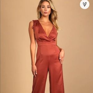 Rusty rose satin asymmetrical wide leg jumpsuit